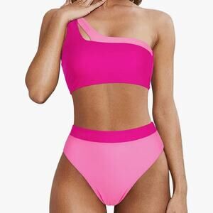 Women 2 Piece Swimsuit Size Large Pink Colorblock One Shoulder High Waist NWOT